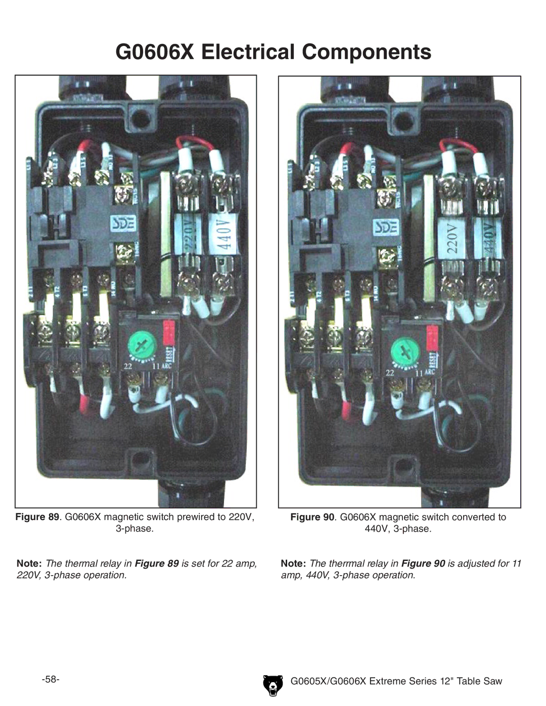 Grizzly G0605X/G0606X owner manual G0606X Electrical Components, G0606X magnetic switch prewired to Phase 