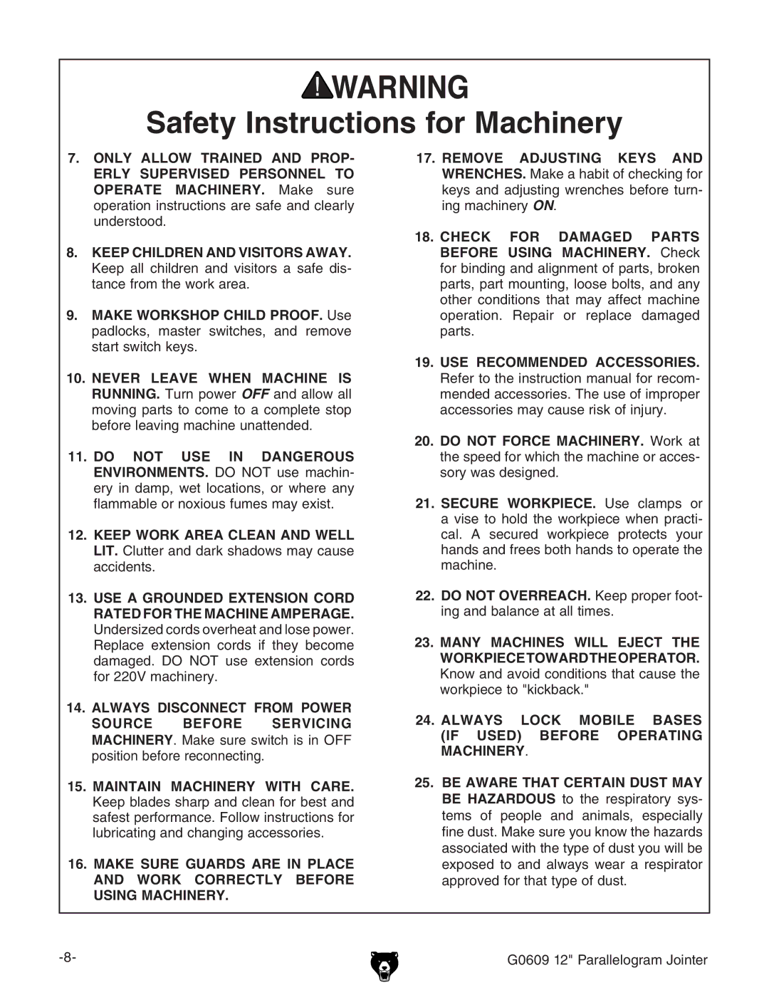 Grizzly owner manual G0609 12 Parallelogram Jointer 