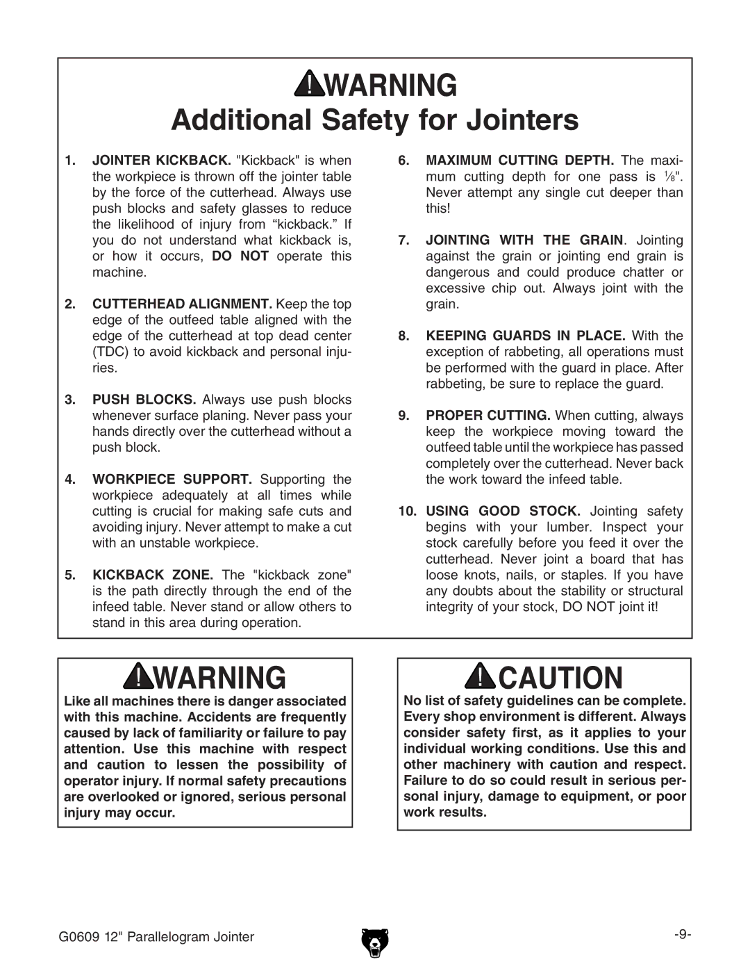 Grizzly G0609 owner manual Additional Safety for Jointers 