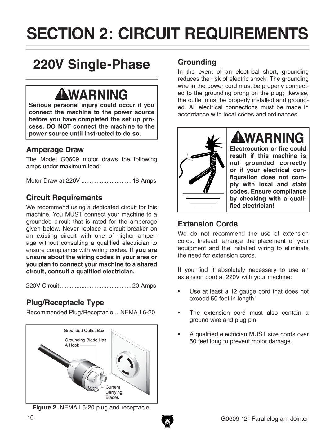 Grizzly G0609 owner manual Circuit Requirements, 220V Single-Phase 