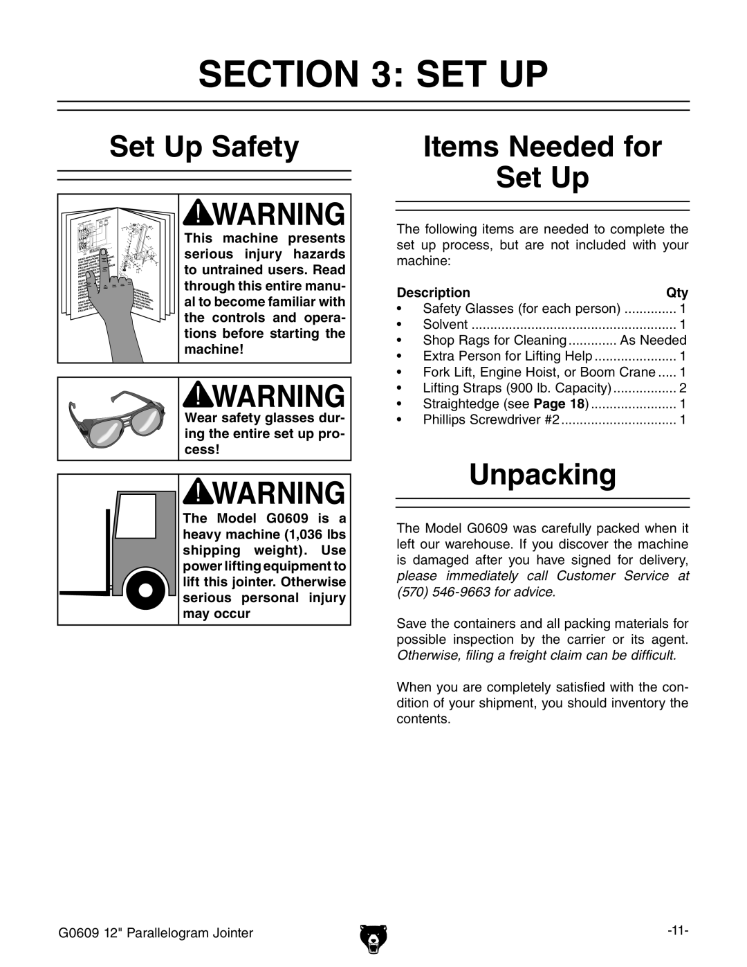 Grizzly G0609 owner manual Set Up Safety, Items Needed for Set Up, Unpacking, Description Qty 