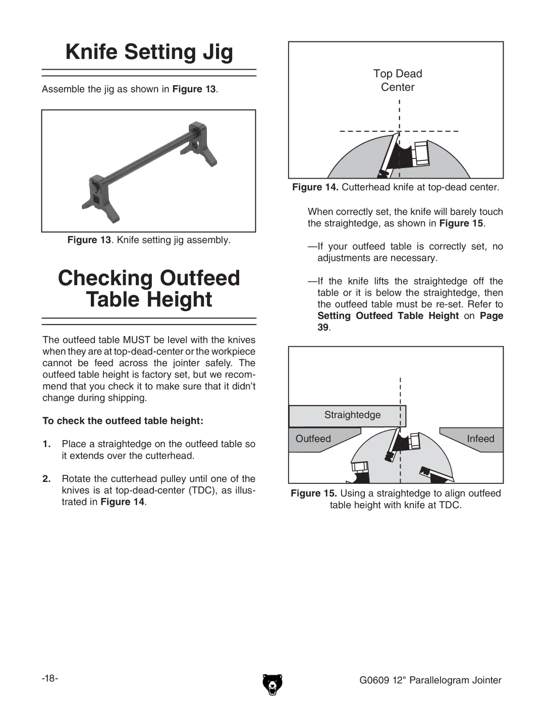 Grizzly G0609 owner manual Knife Setting Jig, Checking Outfeed Table Height, To check the outfeed table height 