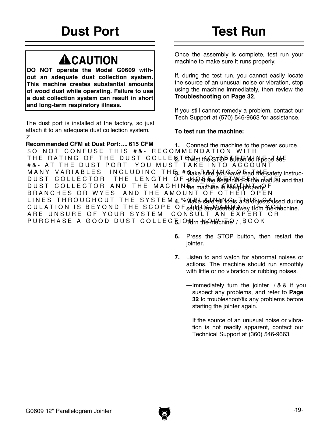 Grizzly G0609 owner manual Dust Port Test Run, Recommended CFM at Dust Port ... CFM, To test run the machine 