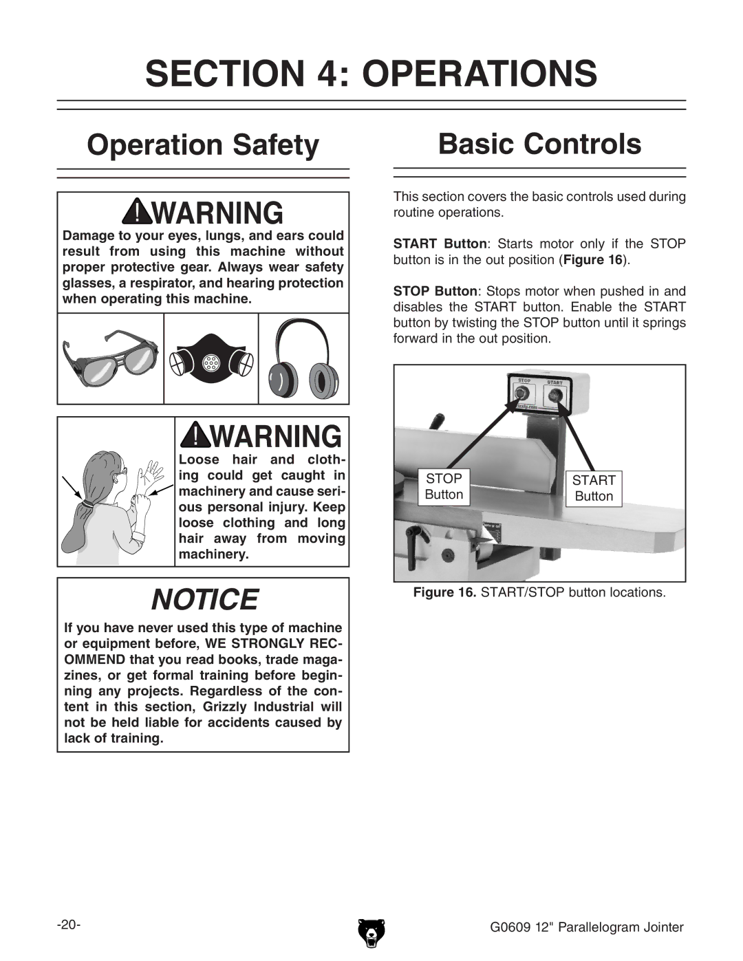 Grizzly G0609 owner manual Operations, Operation Safety Basic Controls 