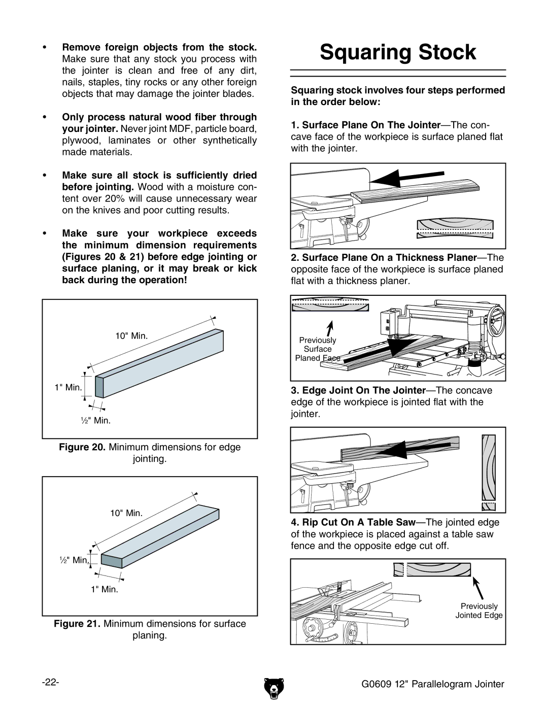 Grizzly G0609 owner manual Squaring Stock, Minimum dimensions for edge Jointing 