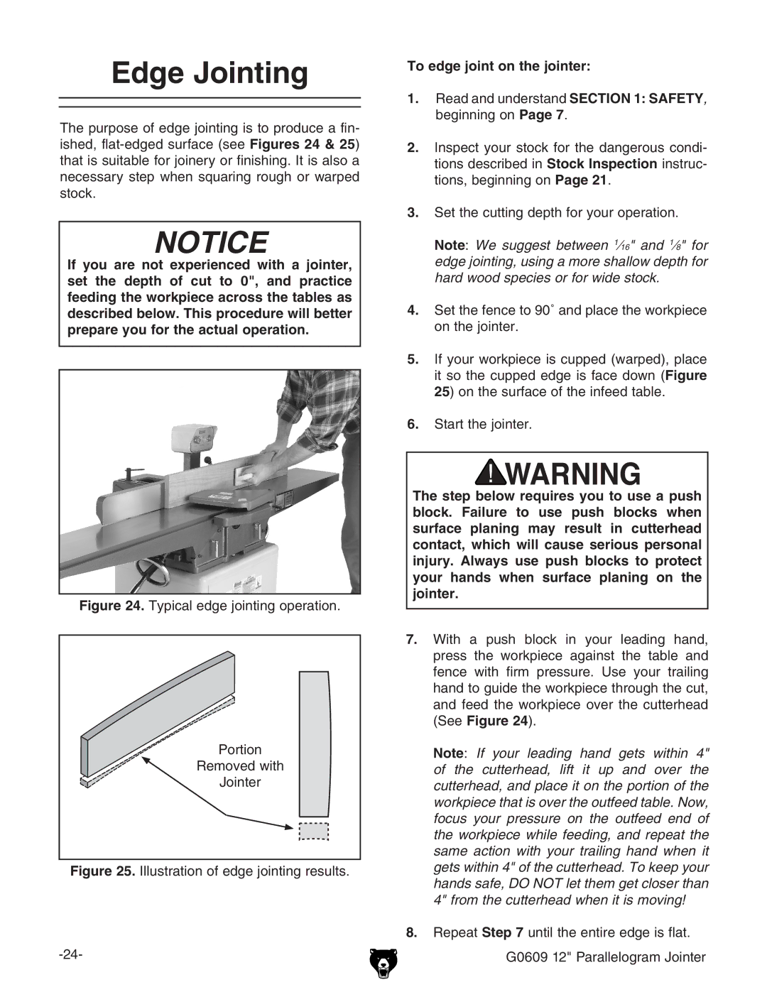 Grizzly G0609 owner manual Edge Jointing, To edge joint on the jointer 