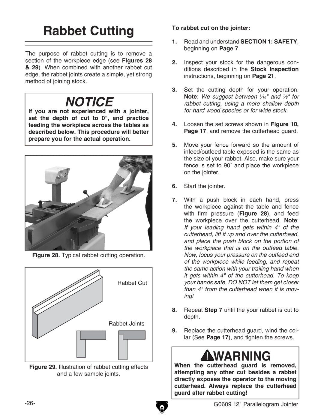 Grizzly G0609 owner manual Rabbet Cutting, To rabbet cut on the jointer 