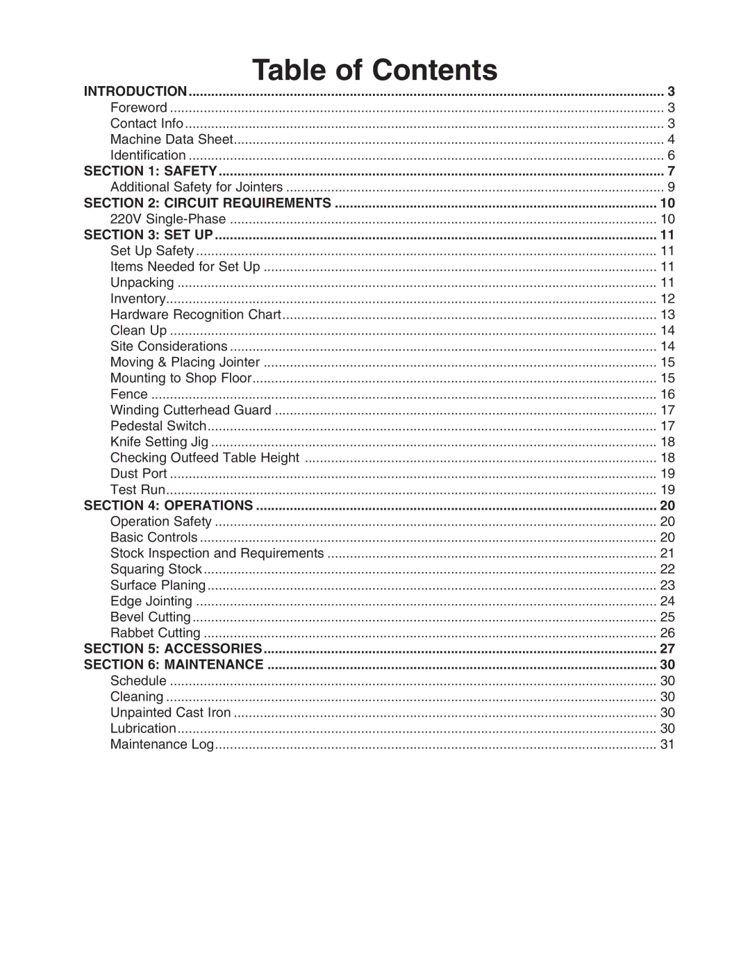 Grizzly G0609 owner manual Table of Contents 