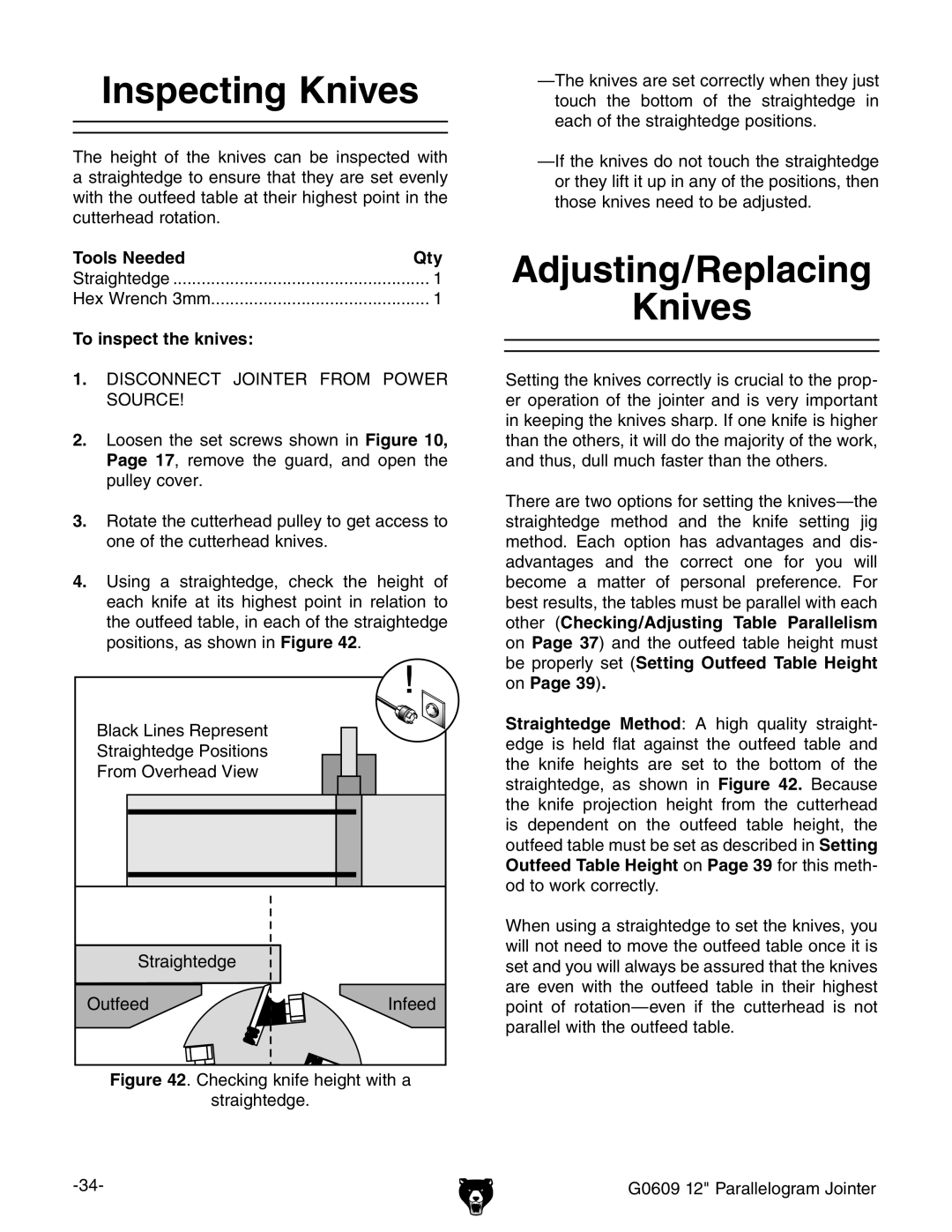 Grizzly G0609 owner manual Inspecting Knives, Adjusting/Replacing Knives, Tools Needed Qty, To inspect the knives 