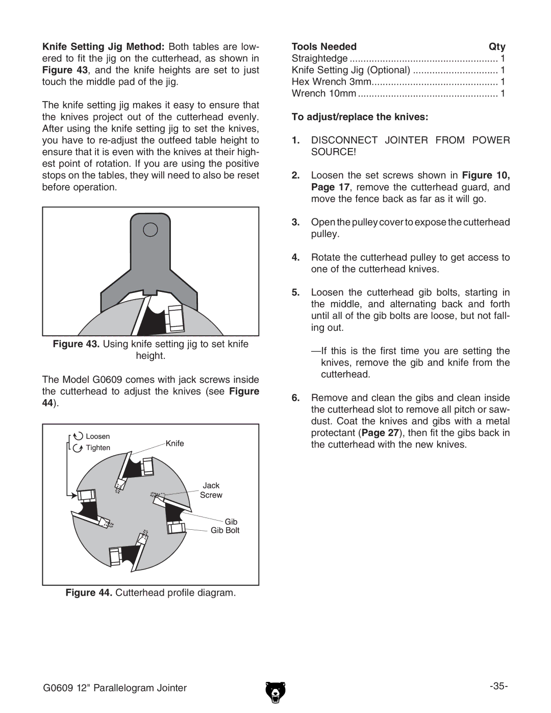 Grizzly G0609 owner manual Cutterhead profile diagram, To adjust/replace the knives 