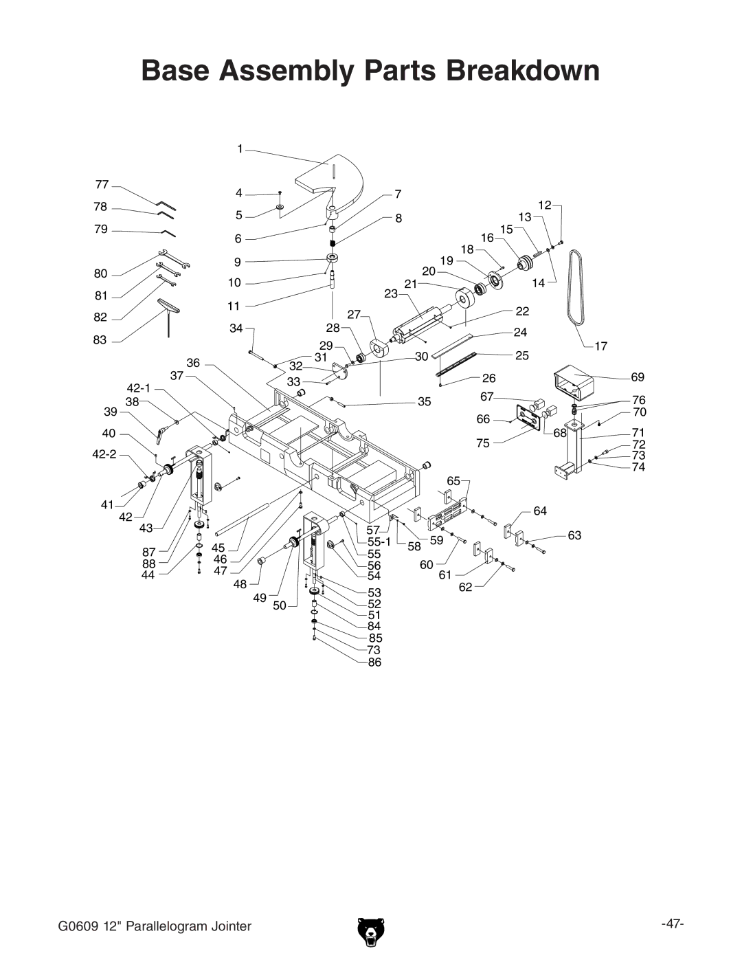 Grizzly G0609 owner manual Base Assembly Parts Breakdown 