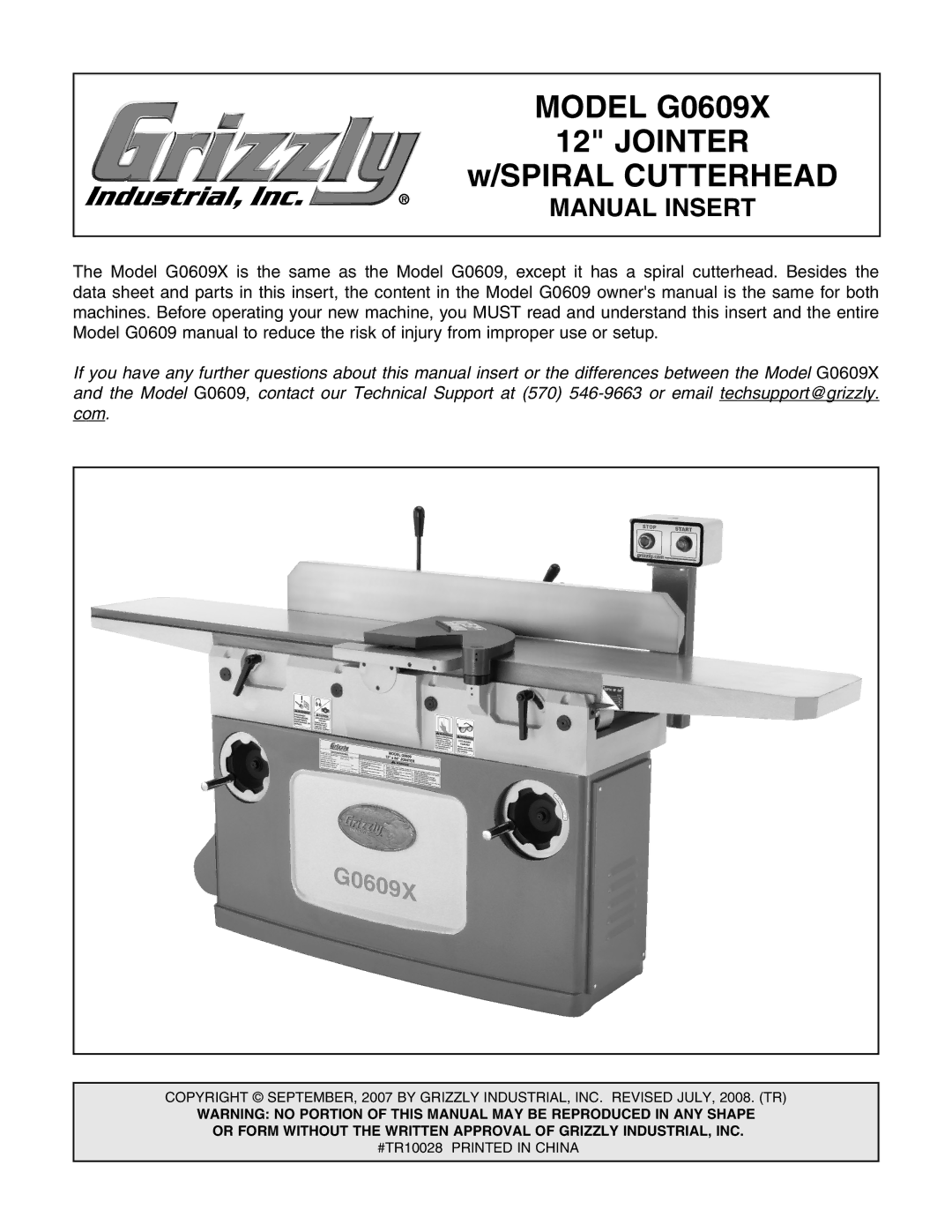 Grizzly g0609X manual Model G0609X Jointer 