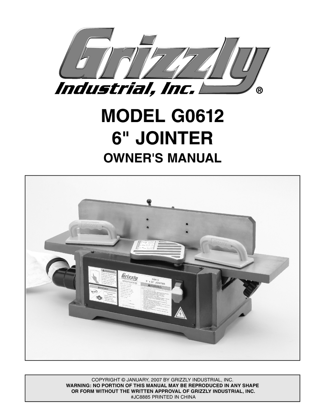 Grizzly owner manual Model G0612 Jointer 