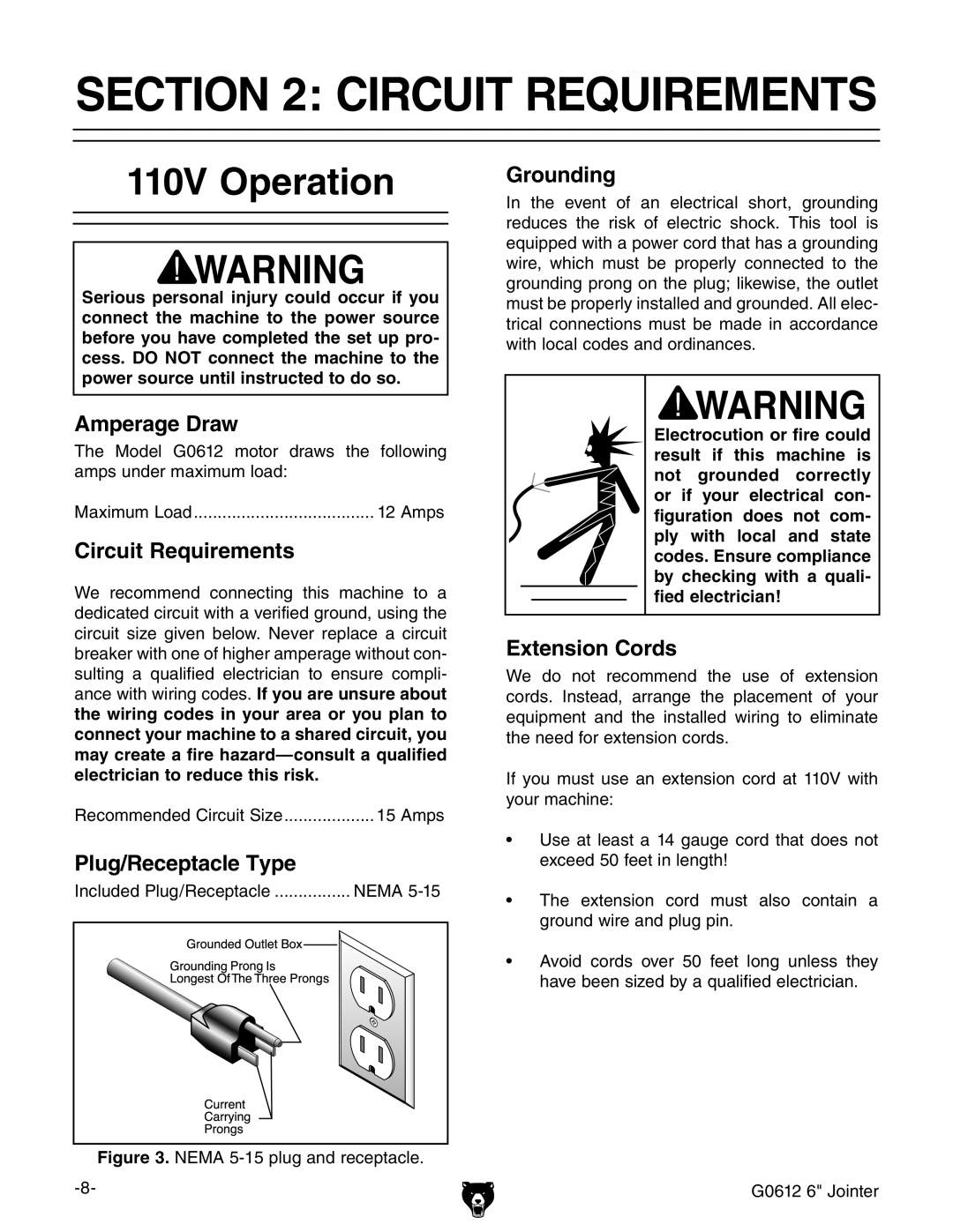 Grizzly G0612 owner manual Circuit Requirements, 110V Operation 