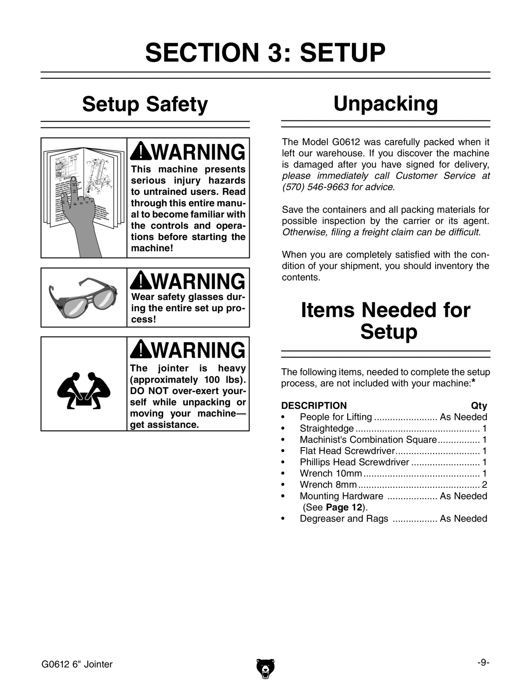 Grizzly G0612 owner manual Setup Safety Unpacking, Items Needed for Setup, Qty 