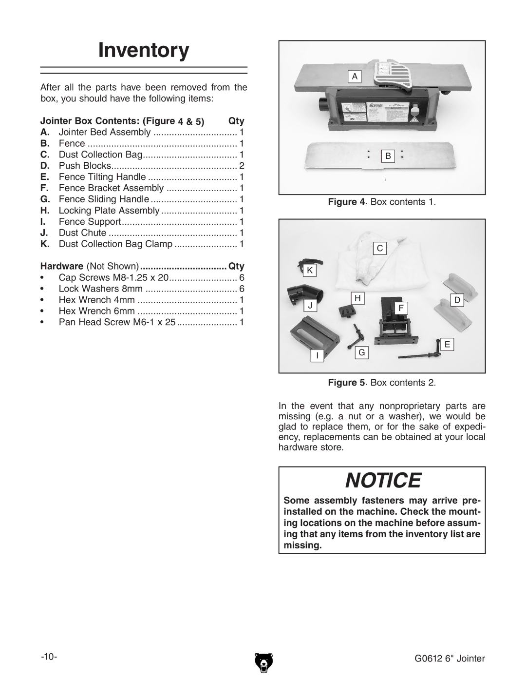 Grizzly G0612 owner manual Inventory, Jointer Box Contents Qty, Hardware Not Shown Qty 