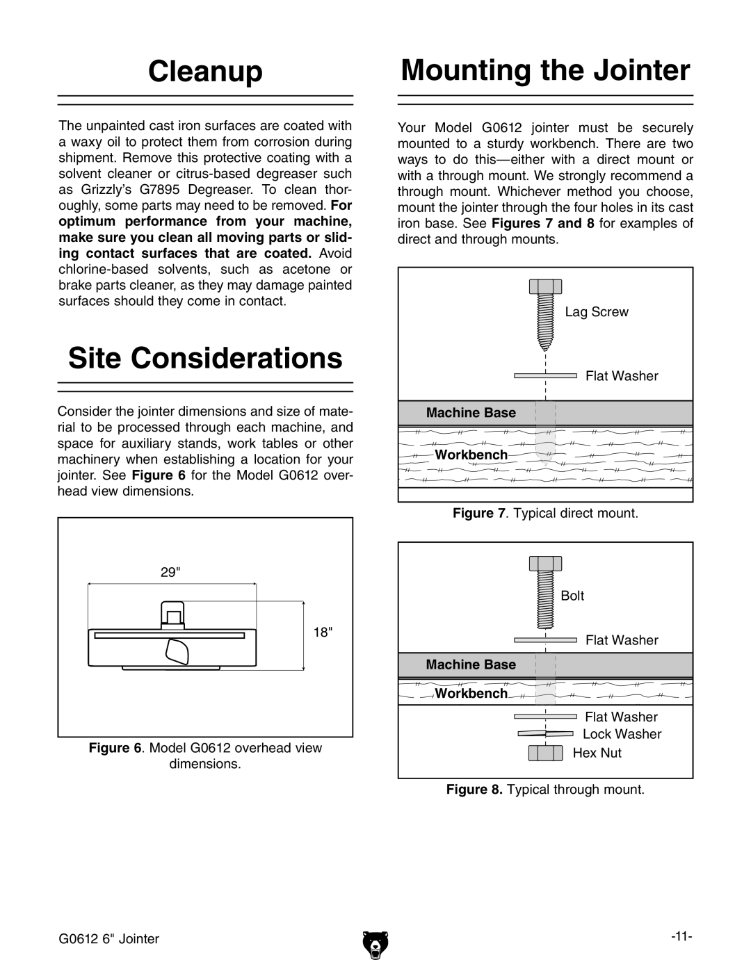 Grizzly G0612 owner manual Cleanup, Site Considerations, Mounting the Jointer 