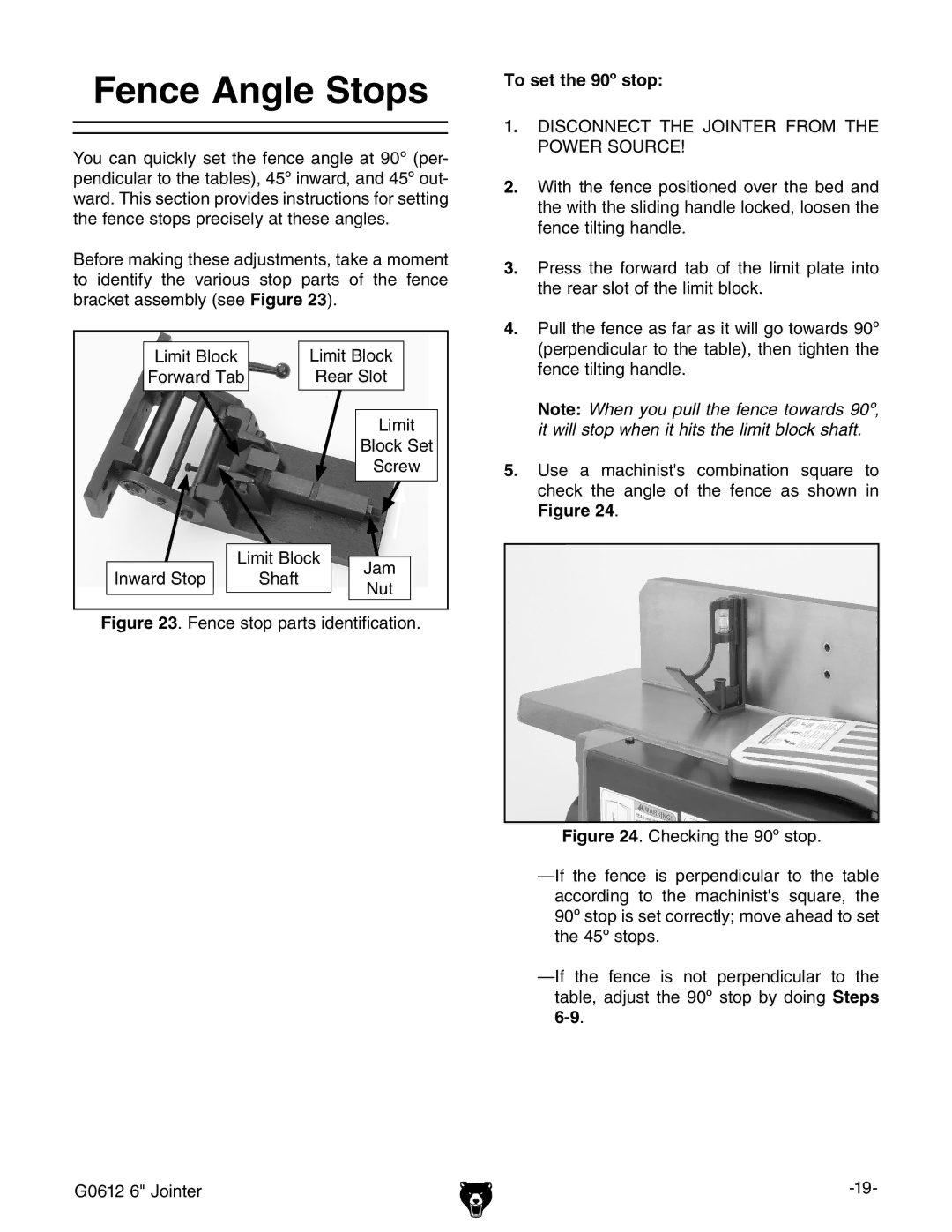 Grizzly G0612 owner manual Fence Angle Stops, To set the 90º stop 