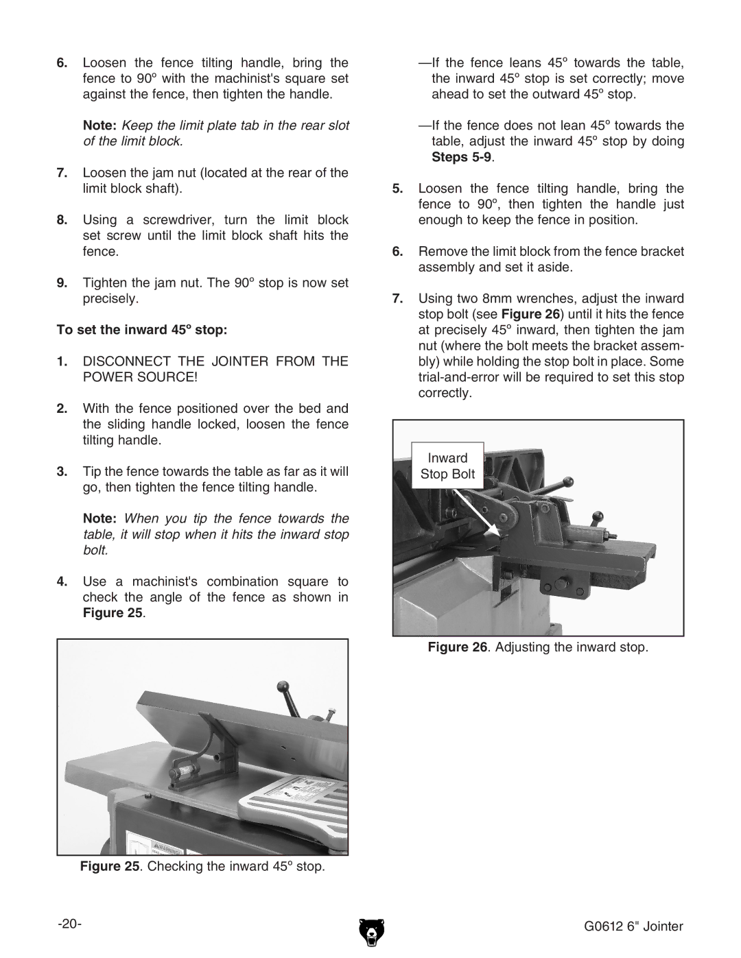 Grizzly owner manual To set the inward 45º stop, Adjusting the inward stop G0612 6 Jointer 