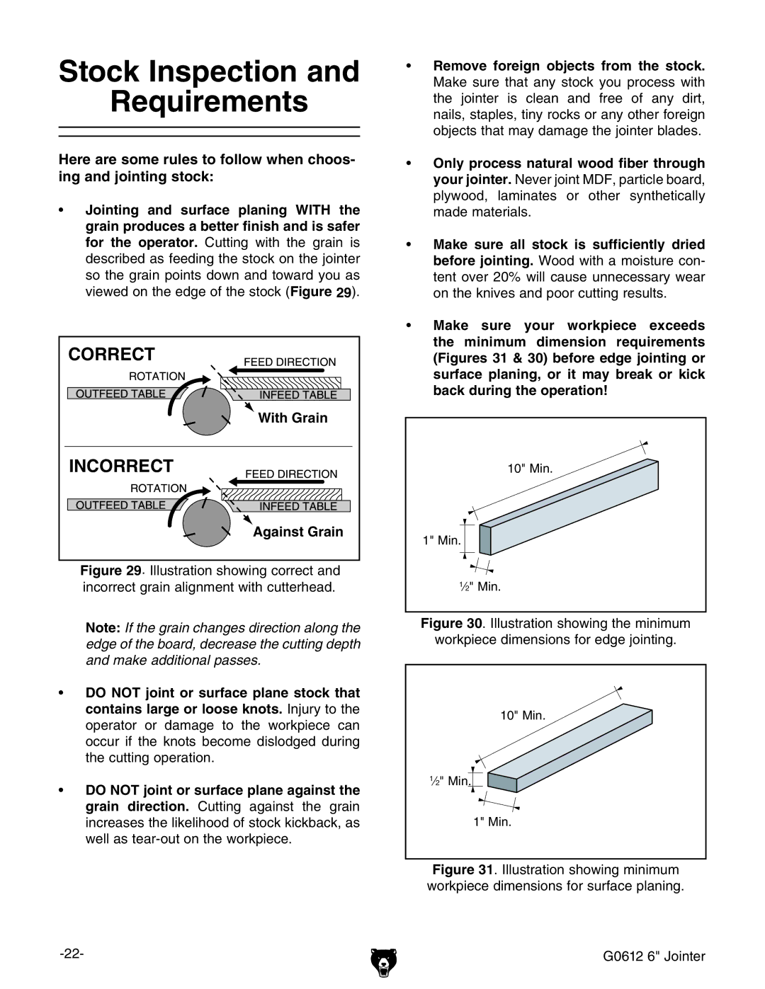 Grizzly G0612 owner manual Stock Inspection Requirements 