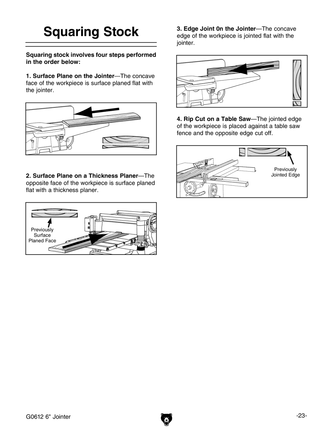 Grizzly G0612 owner manual Squaring Stock 