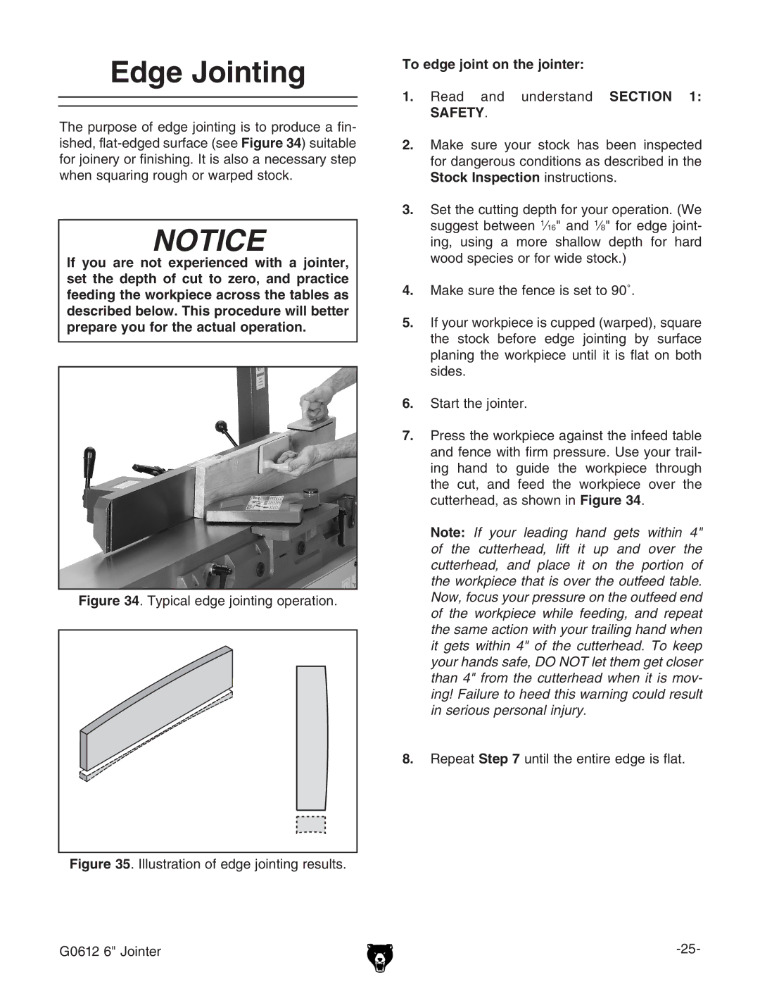 Grizzly G0612 owner manual Edge Jointing, To edge joint on the jointer 