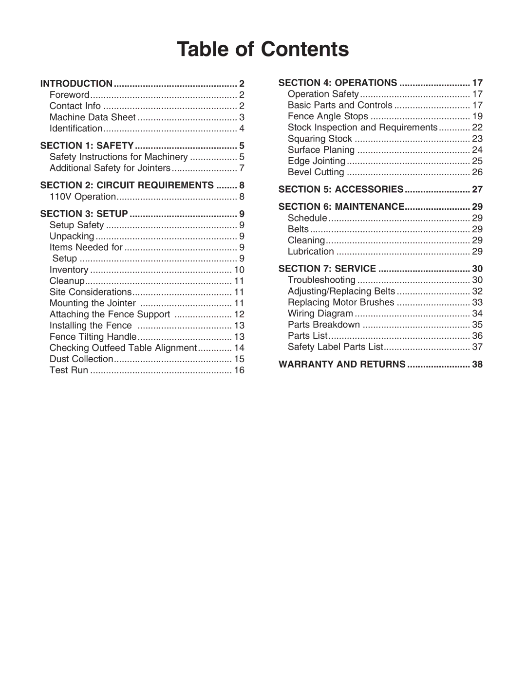 Grizzly G0612 owner manual Table of Contents 