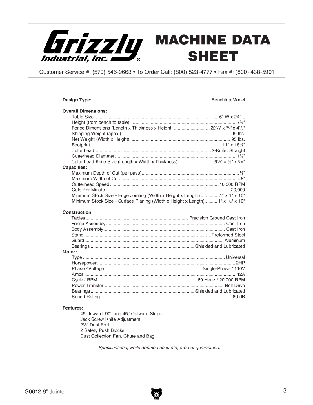 Grizzly G0612 owner manual Machine Data Sheet 