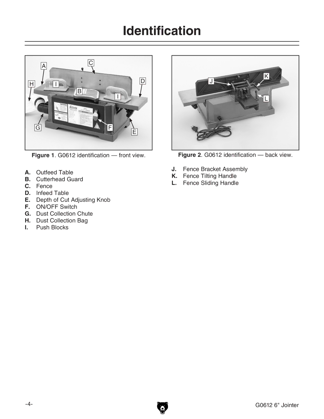 Grizzly G0612 owner manual Identification 