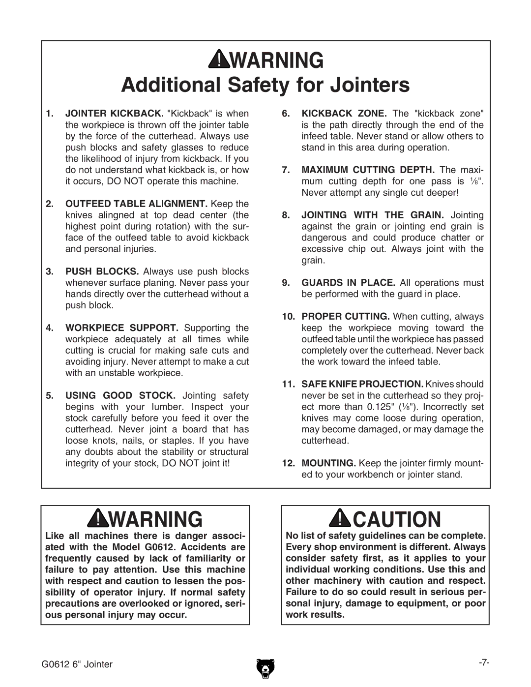 Grizzly G0612 owner manual Additional Safety for Jointers 