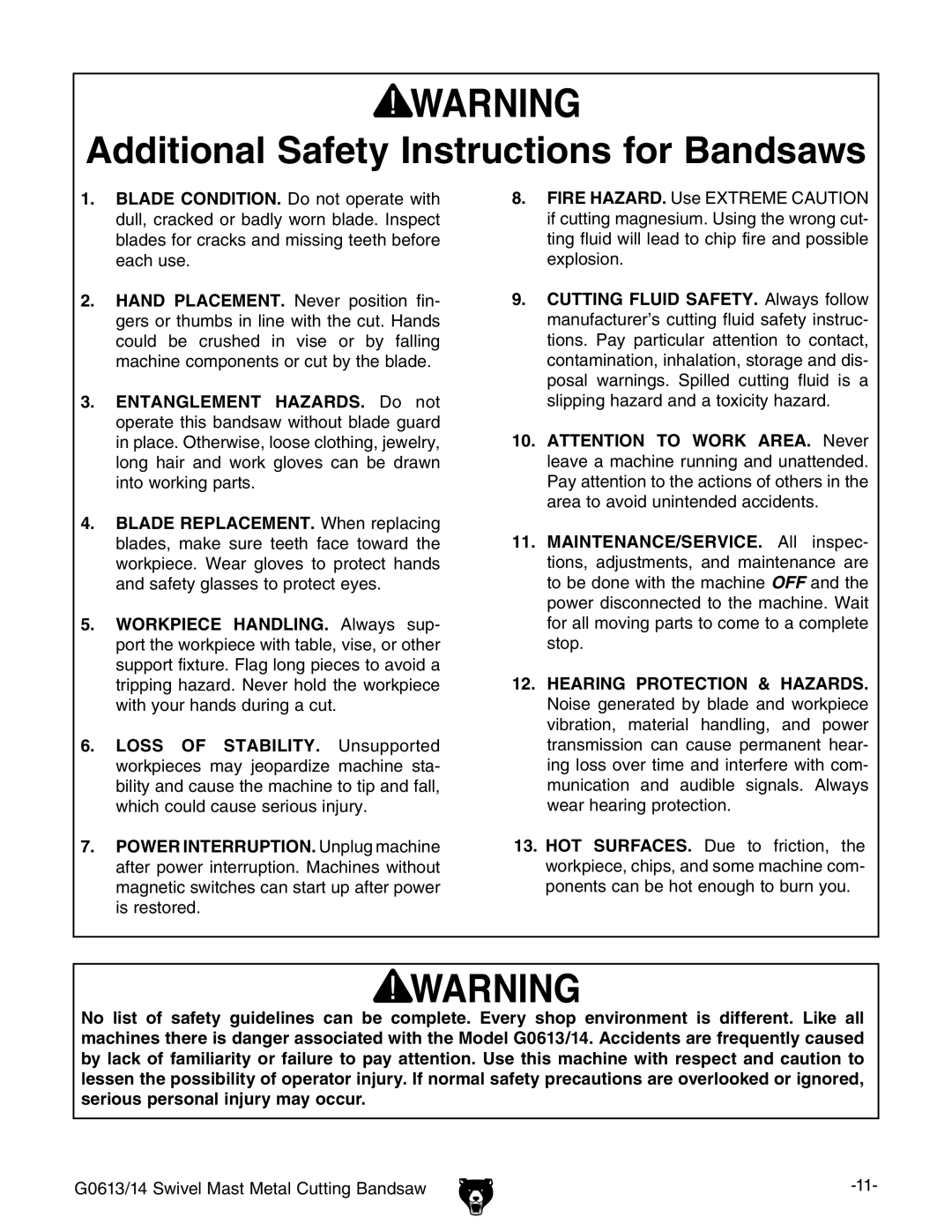 Grizzly G0614, G0613 owner manual Additional Safety Instructions for Bandsaws 