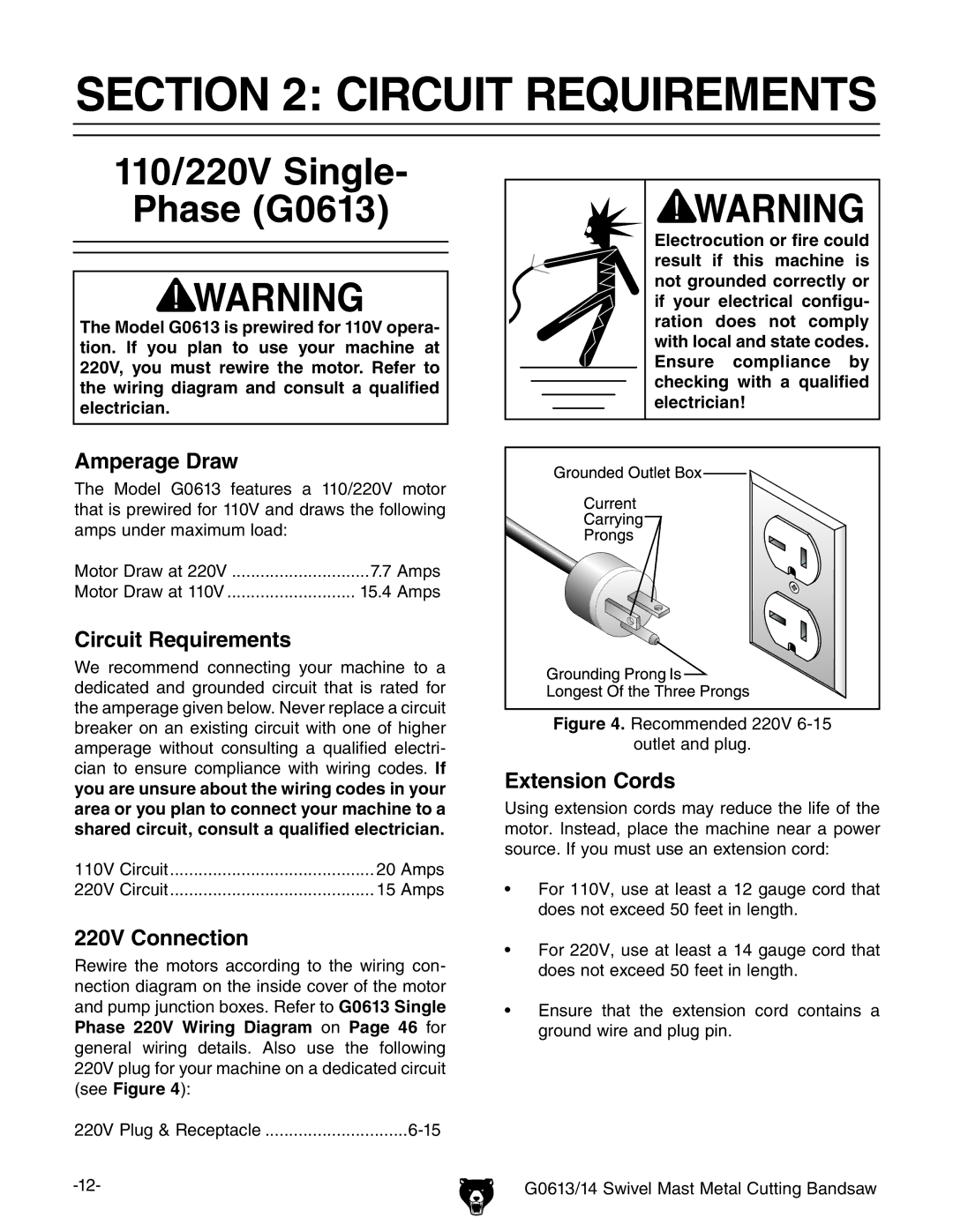 Grizzly G0614 owner manual Circuit Requirements, 110/220V Single Phase G0613 