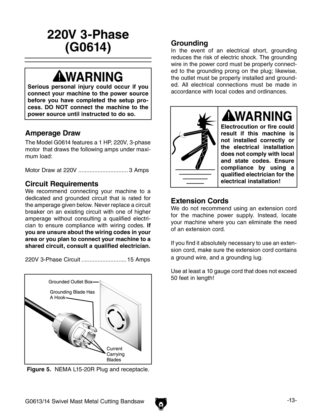 Grizzly G0613 owner manual 220V 3-Phase G0614, Grounding 