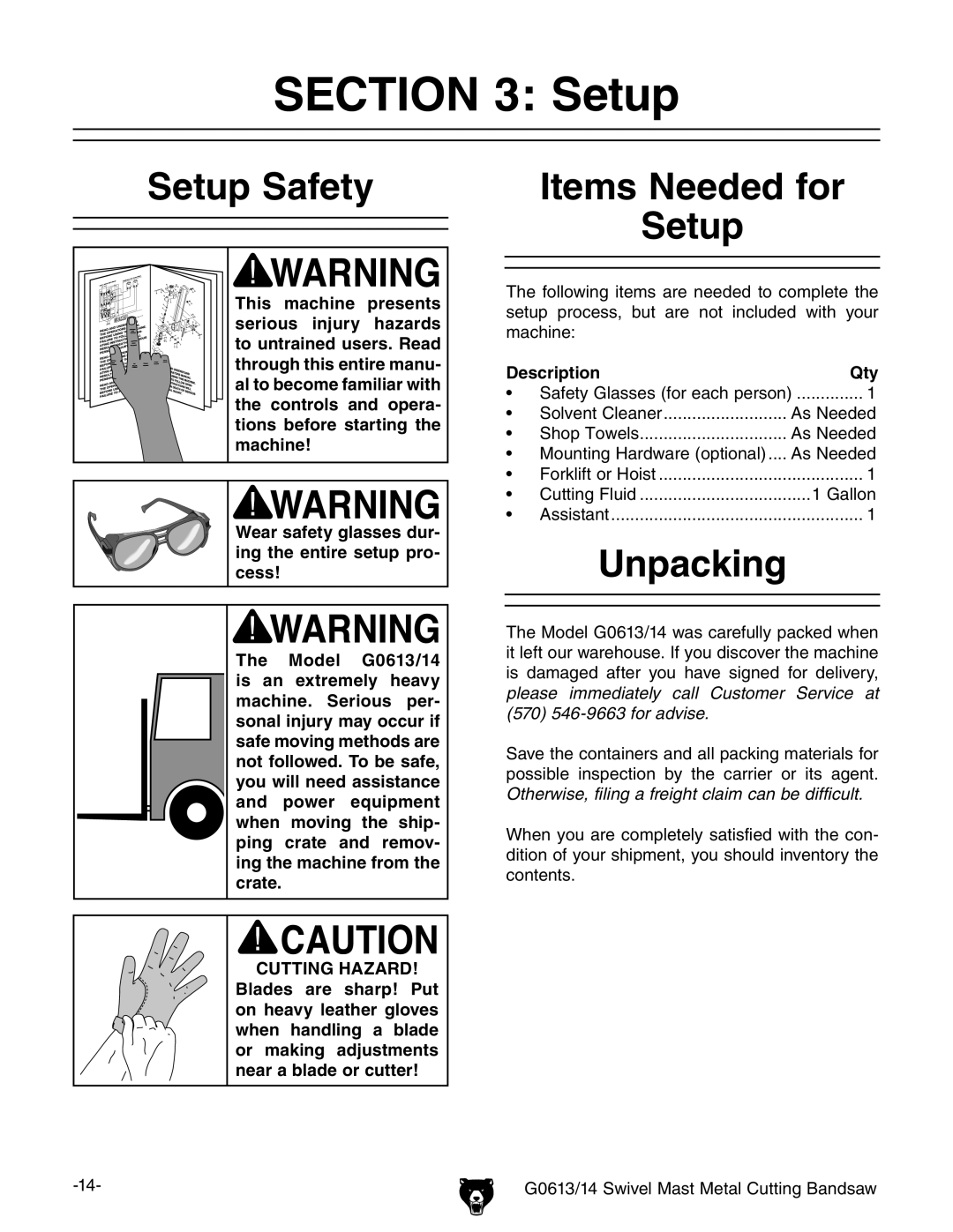 Grizzly G0613, G0614 owner manual Setup Safety, Items Needed for Setup, Unpacking, Description Qty 