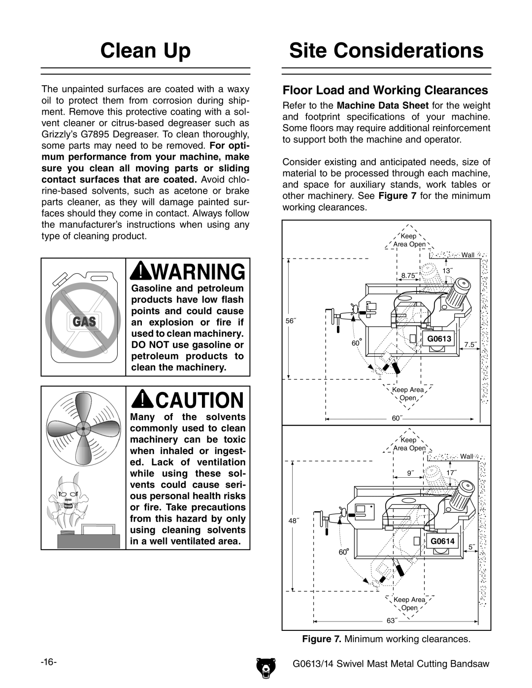 Grizzly G0613, G0614 owner manual Clean Up, Site Considerations 