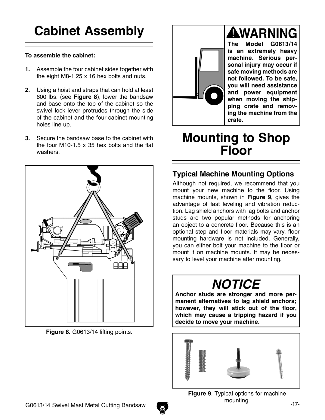 Grizzly G0614, G0613 owner manual Cabinet Assembly, Mounting to Shop Floor, To assemble the cabinet 