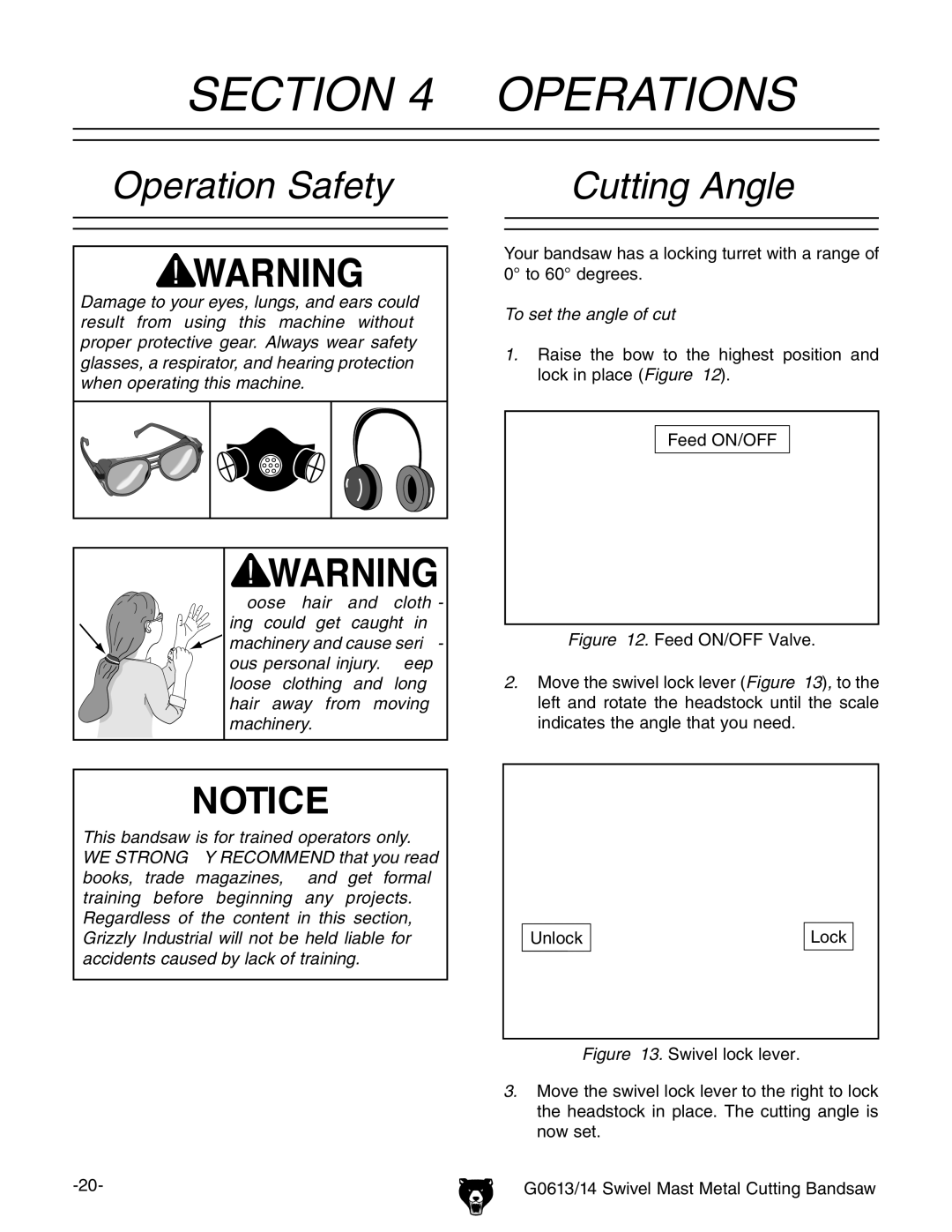 Grizzly G0613, G0614 owner manual Operations, Operation Safety Cutting Angle, To set the angle of cut 