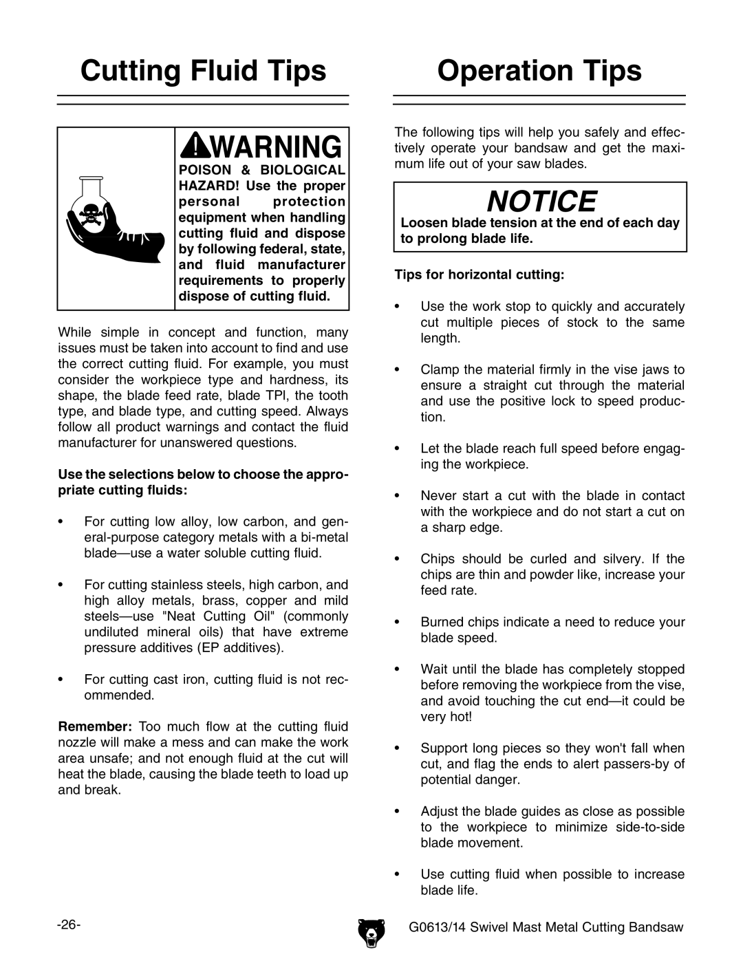 Grizzly G0613, G0614 owner manual Cutting Fluid Tips, Operation Tips 