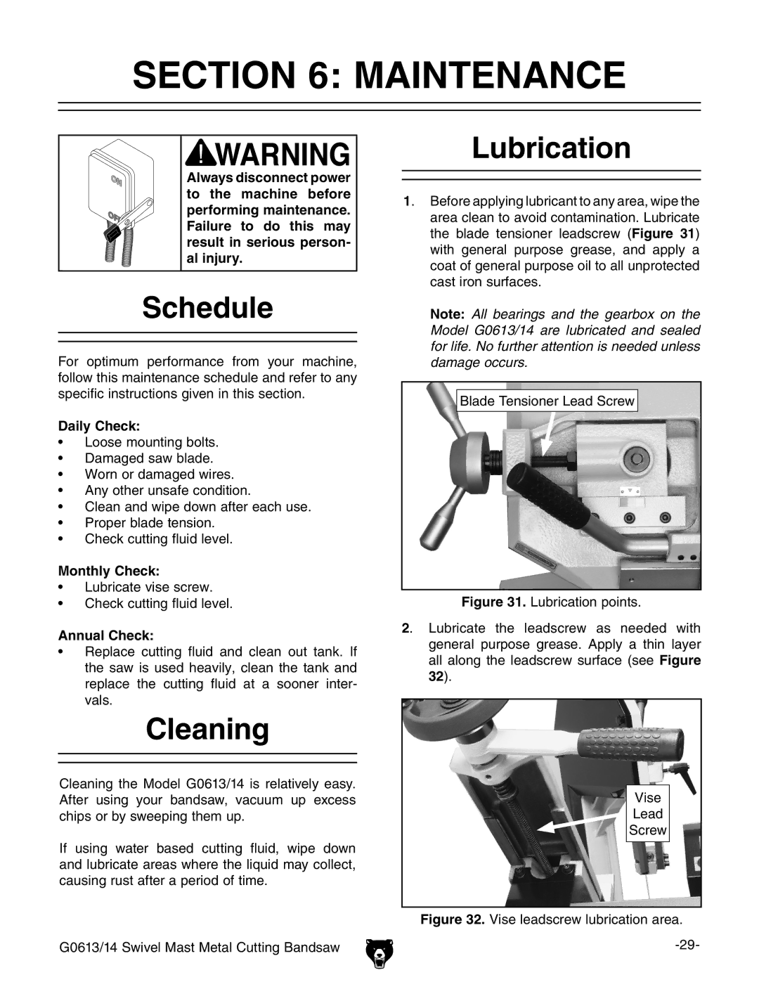 Grizzly G0614, G0613 owner manual Maintenance, Schedule, Cleaning, Lubrication 