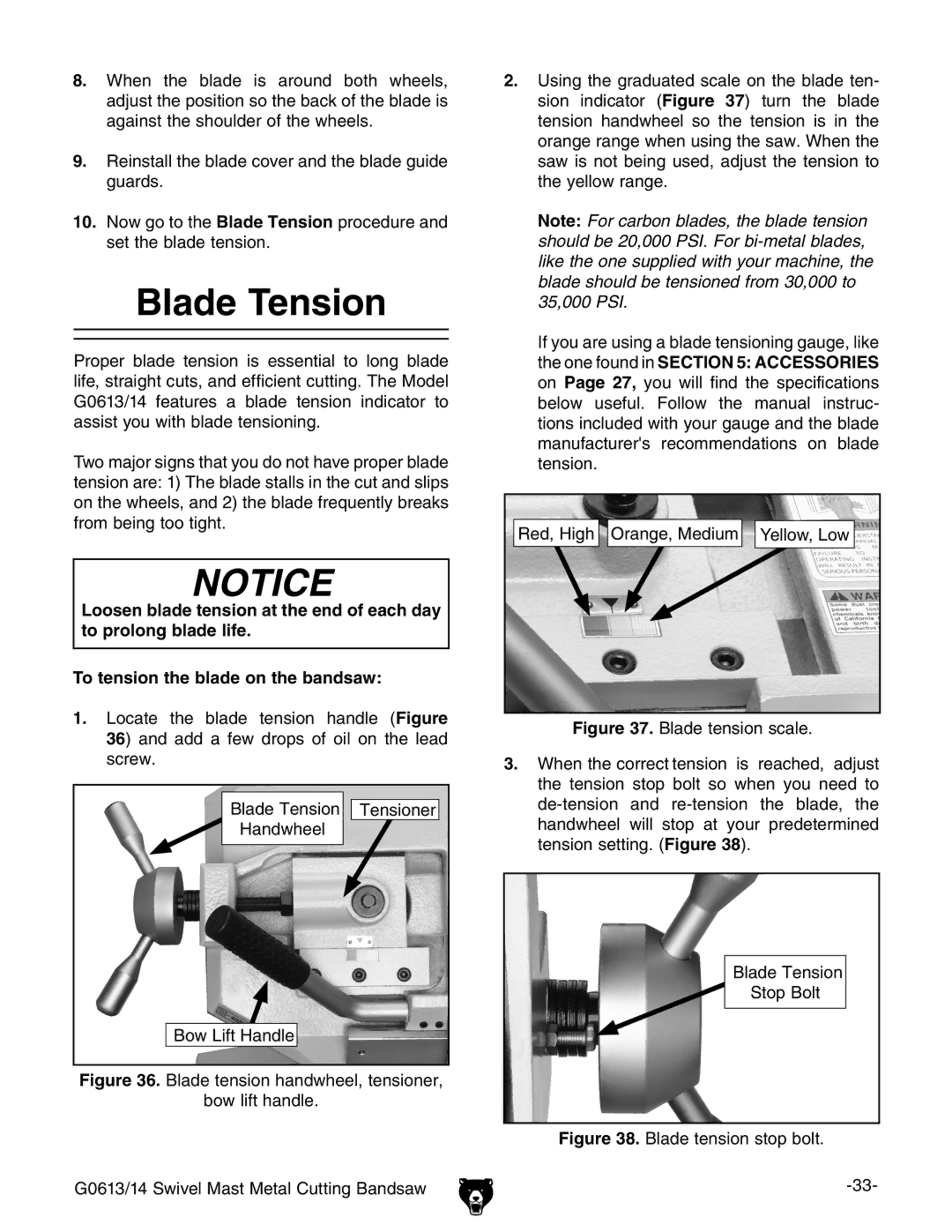 Grizzly G0614, G0613 owner manual Blade Tension, Blade tension stop bolt 