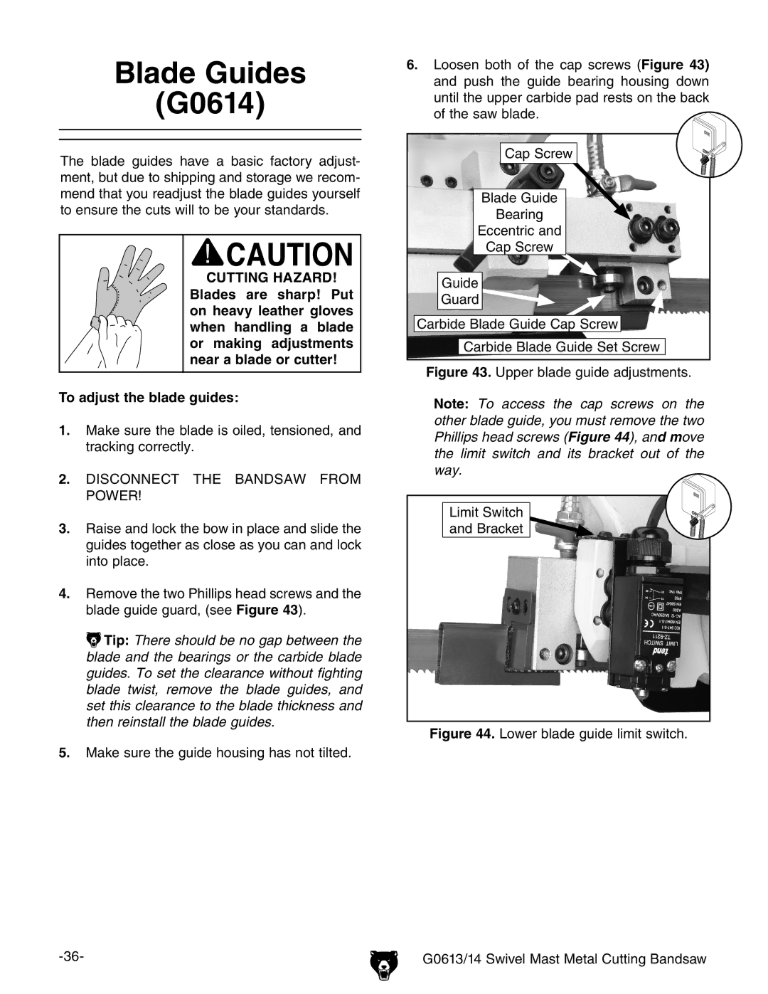 Grizzly G0613 owner manual Blade Guides G0614, Upper blade guide adjustments Limit Switch Bracket 