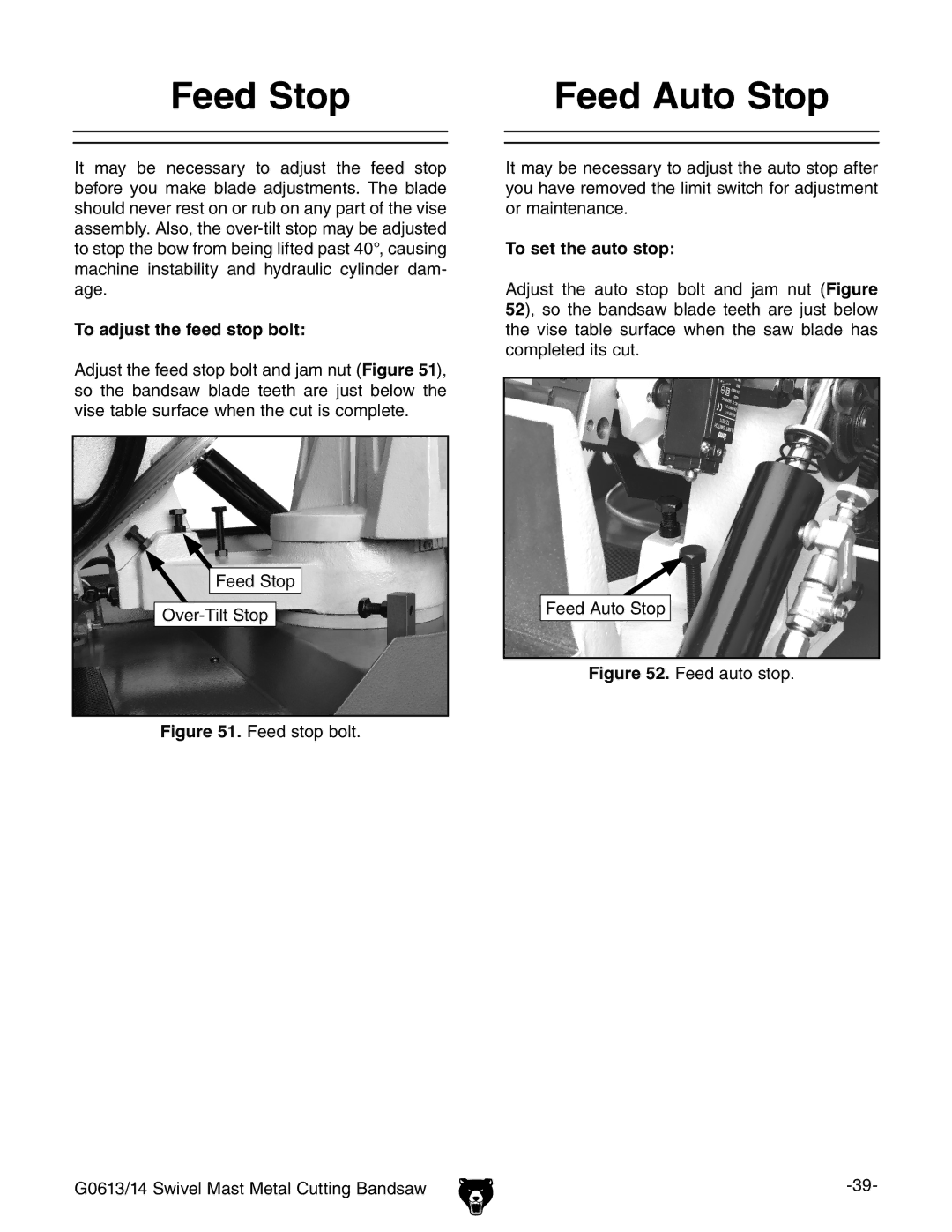 Grizzly G0614, G0613 owner manual Feed Stop, Feed Auto Stop, To adjust the feed stop bolt, To set the auto stop 