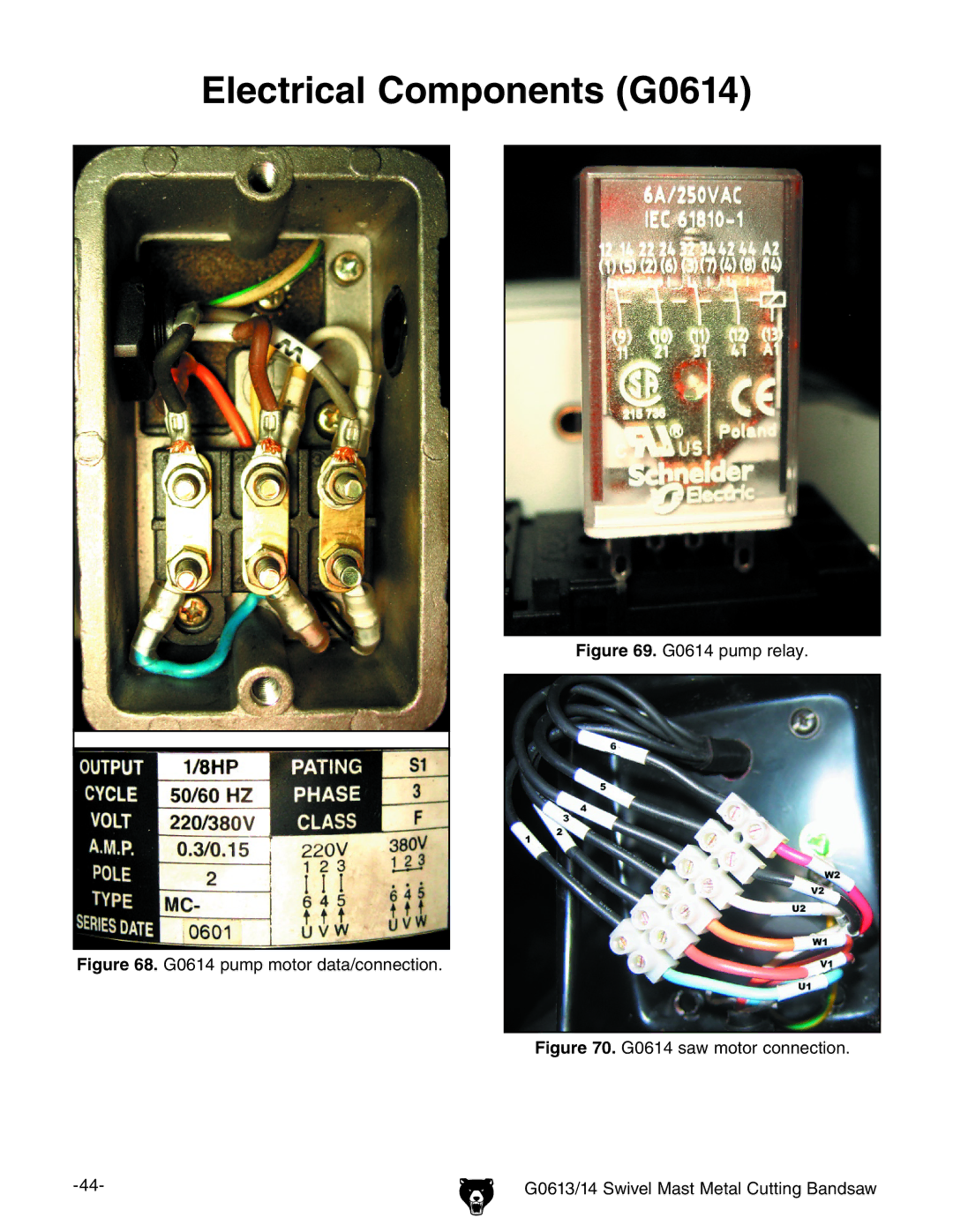 Grizzly G0613 owner manual G0614 pump motor data/connection 