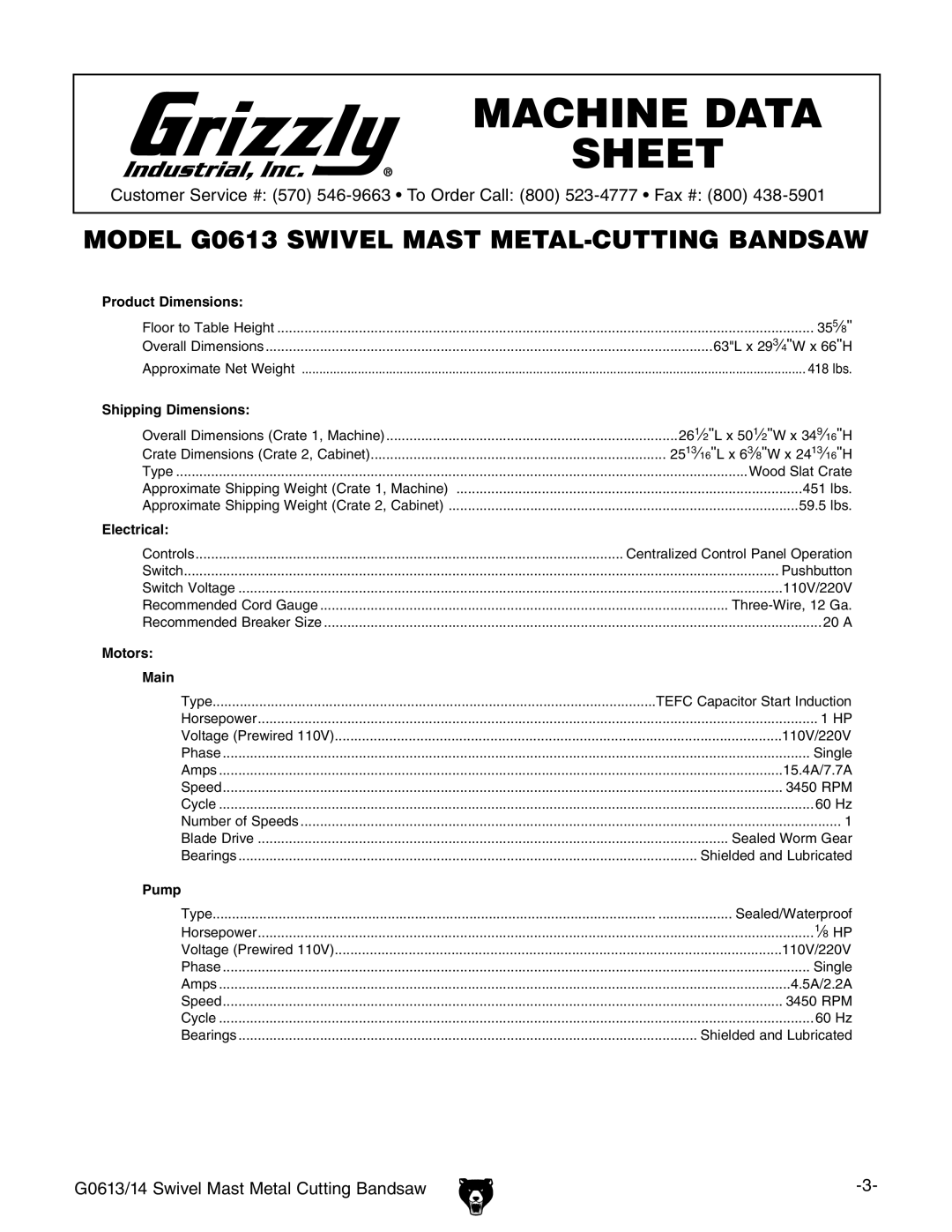 Grizzly G0614, G0613 owner manual Machine Data Sheet 