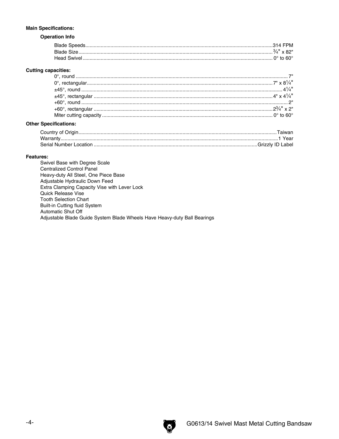 Grizzly G0613, G0614 owner manual 41⁄4 