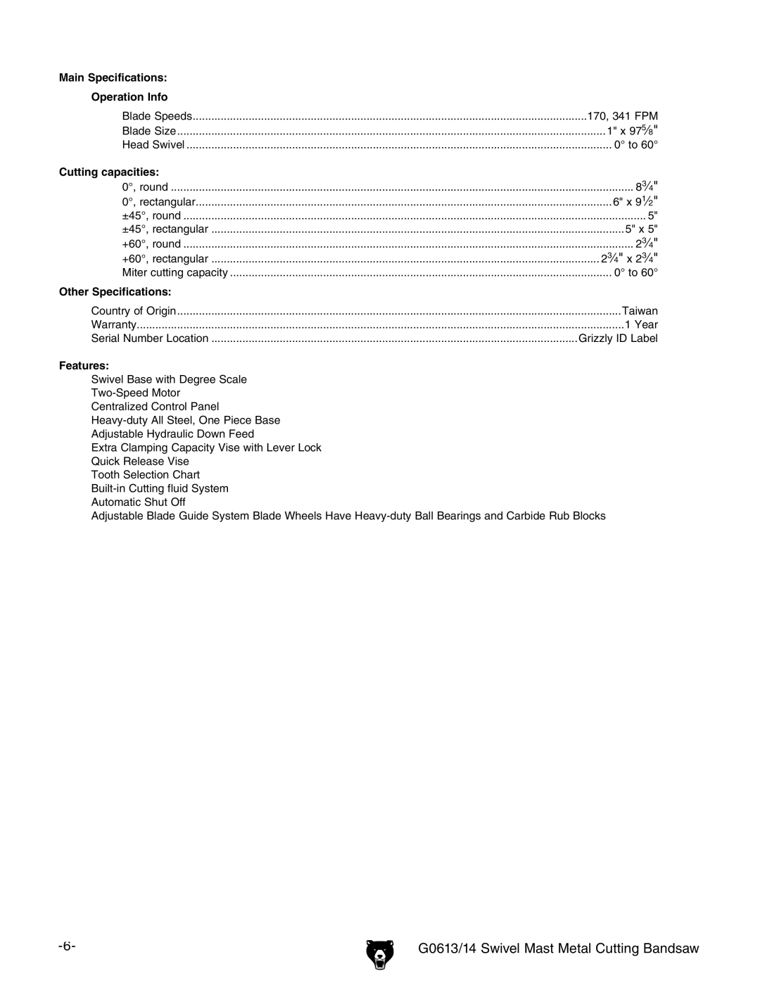 Grizzly G0613, G0614 owner manual ⁄ 4 x 2 3⁄ 