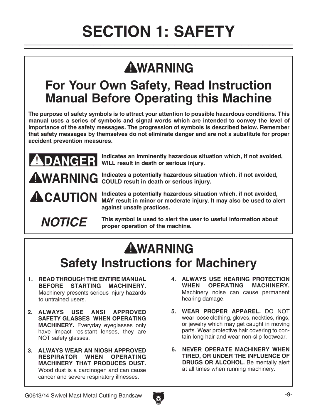 Grizzly G0613 manual #4/. 3!&%49, 3AFETYYNSTRUCTIONS for -ACHINERY 