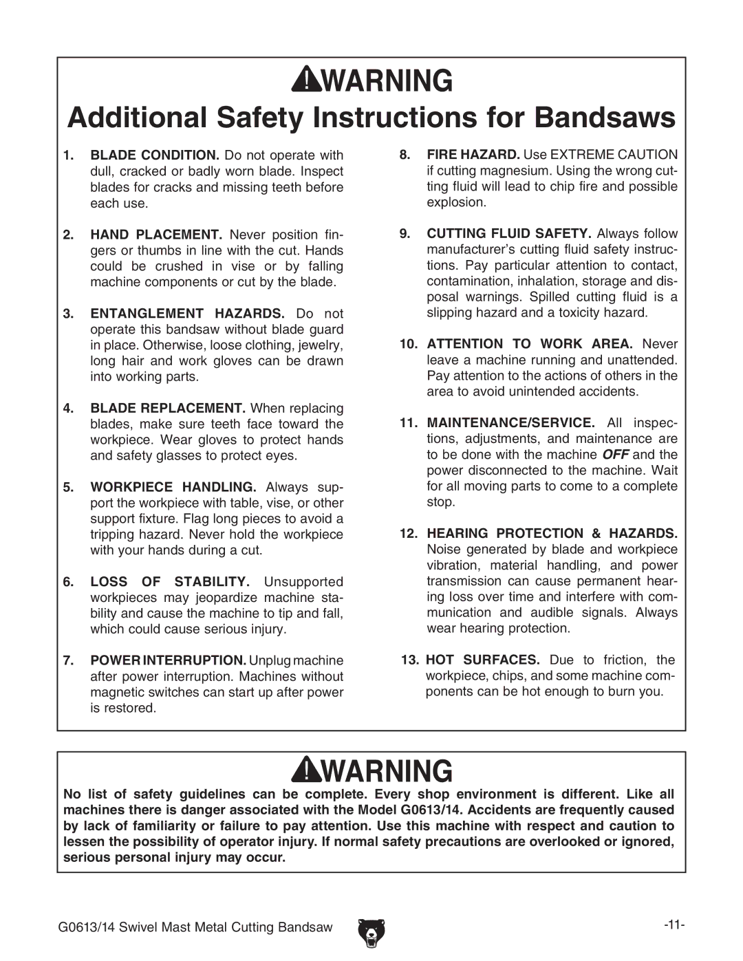 Grizzly G0613 manual Dditional 3AFETYYNSTRUCTIONS for Andsaws 