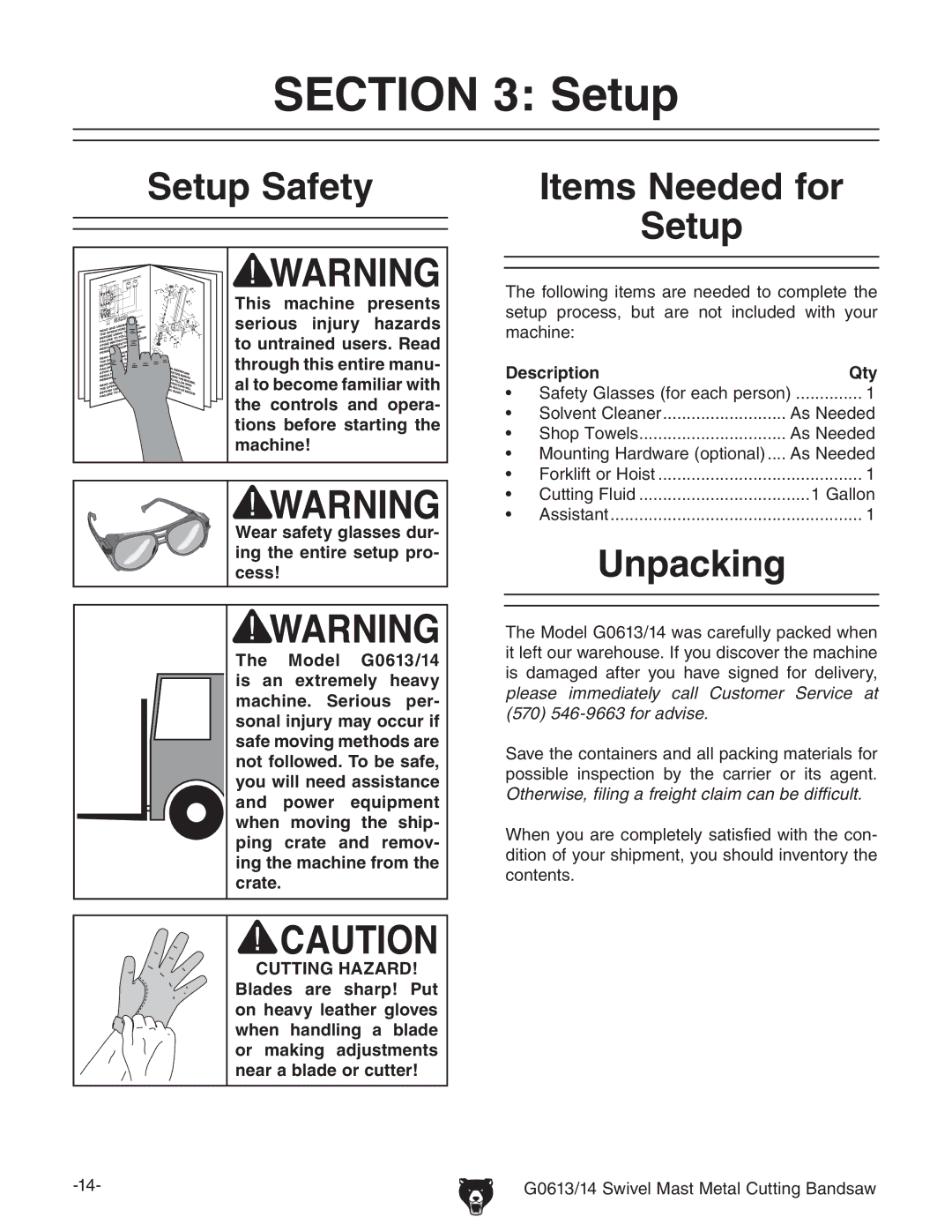 Grizzly G0613 manual #4/. 3ETUP, 3ETUPP3AFETY TEMSS.EEDEDEFORR 3ETUP, 5NPACKING, $Escriptioni 