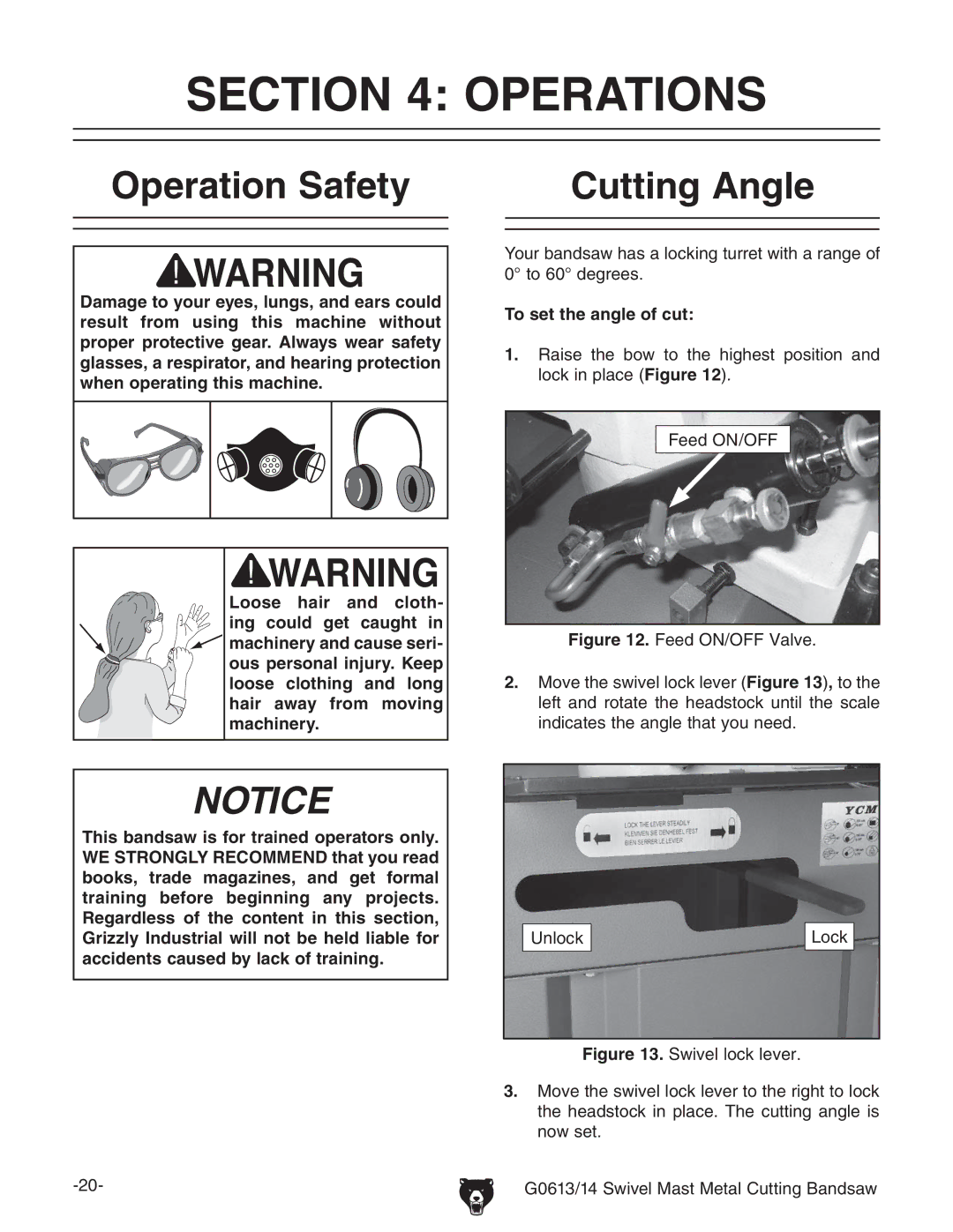 Grizzly G0613 manual #4/.  /0%2!4/.3, PERATIONT3AFETY, #Utting !Ngle 